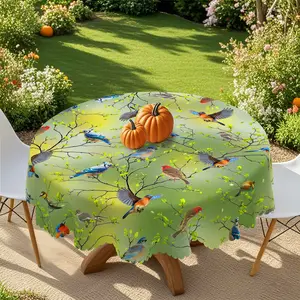 PLUMLIK Spring Bird Theme Tablecloth, Round / Rectangle Table Cover With Bird, Branch And Floral, Polyester Waterproof Table Decor, Spring Decoration For Patio Brunch, Garden Party, Bird Watching Gathering, Family Dinner, Durable And Washable