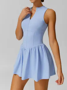 Women's sports one-piece skirt solid color waist sleeveless dress anti-exposure bottoming built-in pocket front zipper design yoga clothes tennis skirt gym sports training four seasons outdoor one-piece skirt