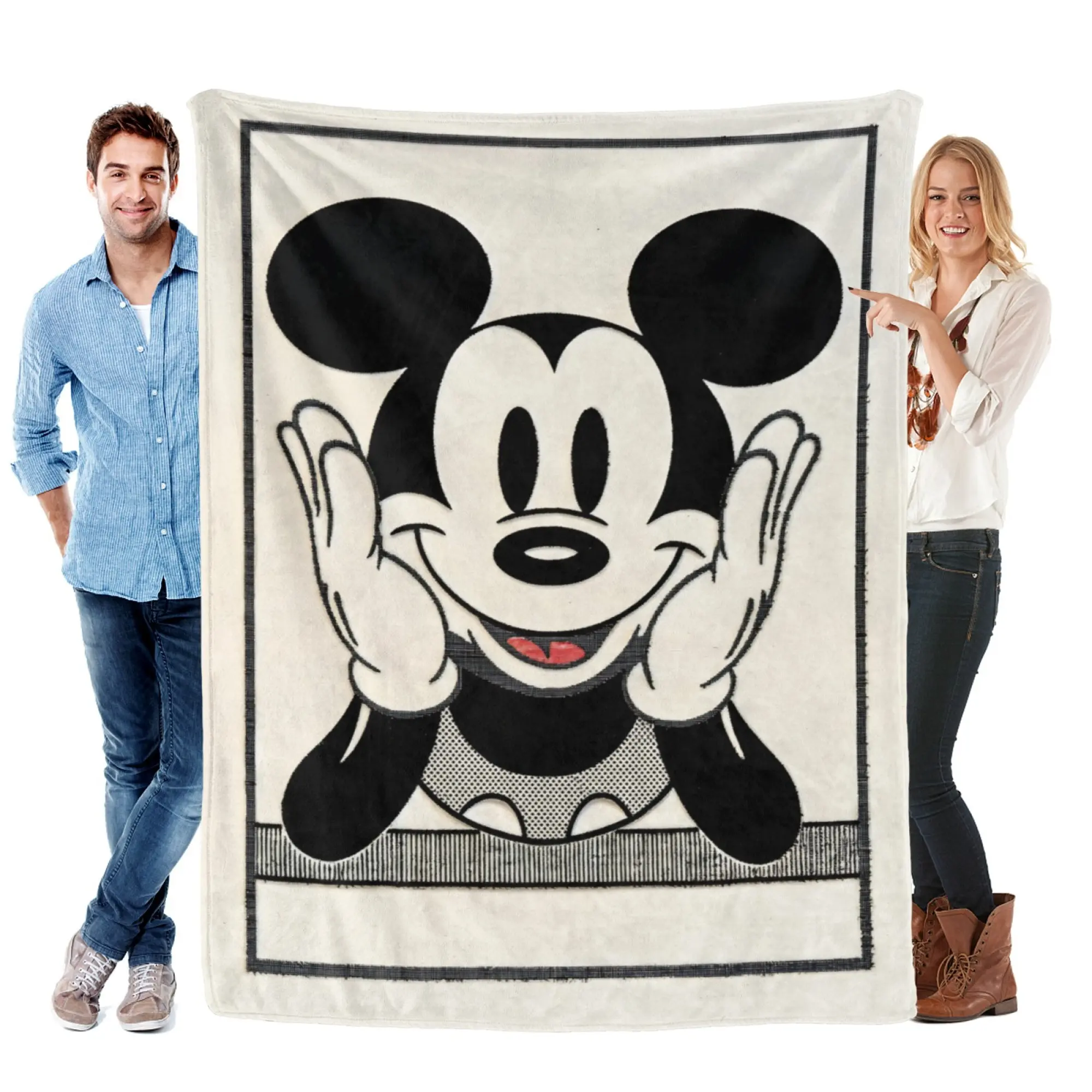 [SummerVibes] DISNEY CLASSIC Vintage Mickey Mouse Flannel Blanket, Soft Black & White Retro Throw for Sofa, Bed & Minimalist Decor