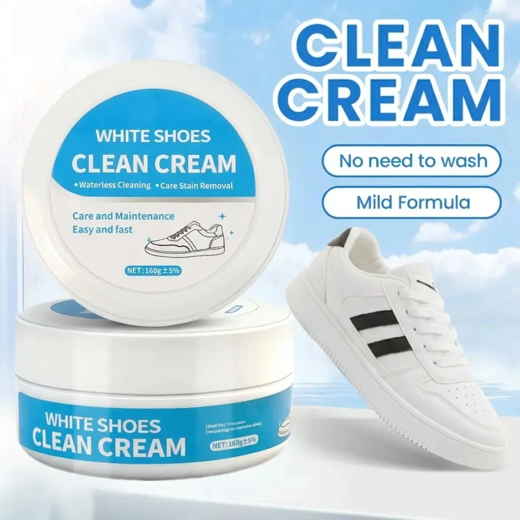 160g Multipurpose No-Wash White Footwear Cleaner Cream with Built-in Sponge, Mild Gentle Non-Irritating Eco-Friendly Formula for Leather, Silicon Surfaces, Shoes, Car Interiors, Stain Removal, Shoe