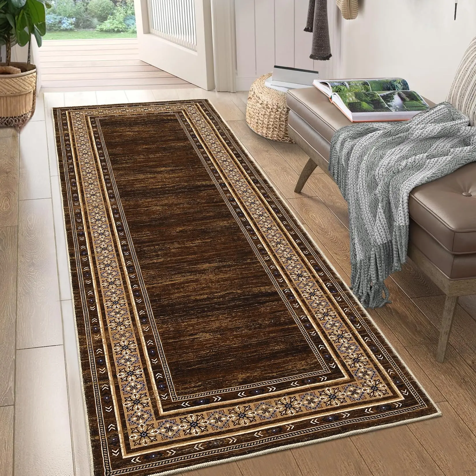 Garvee washable hallway runner, soft, non-slip, kitchen rug, indoor, modern geometric rugs, low pile, throw for laundry room, entrance area, bathroom, red-brown