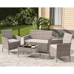 4-Piece Outdoor Furniture Set, PE Rattan Wicker Chairs With Soft Cushions & Tempered Glass Coffee Table - All-Weather Patio Set For Garden, Backyard, Porch, Poolside