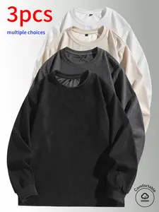 3-pack men’s minimalist casual loose crewneck tops featuring long sleeves with vertical texture design and a solid basic fit, made from skin-friendly, breathable fabric—ideal for everyday commuting outfits.