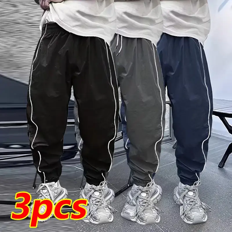 Men’s Basic Loose-Fitting Polyester Joggers, Sporty Chic Solid Color with Side Stripes, Drawstring Waistband, Non-Stretch Woven Fabric, Regular Length, Machine Washable, All-Season for Everyday Wear & Sports, Casual Male Pants