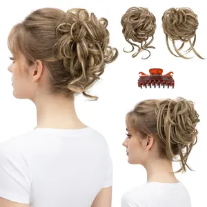 10-inch messy wigs, detachable wigs, wavy curly synthetic wigs, ponytail extension wigs---Brunette Blonde