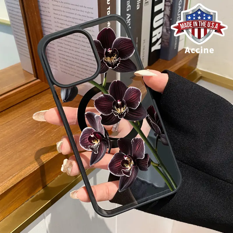 Magnetic Phone Case for iPhone 16 15 14 Pro Max 13 12 11 XR XS Plus E Sophisticated Orchid Pattern Acrylic Back TPU Edges Clear support wireless charging Bumper Cover