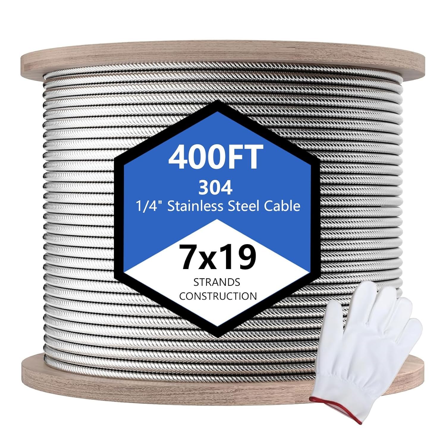 Maeklon 400ft 1/4" Stainless Steel Cable, 7x19 Strand Aircraft Wire Rope, Breaking Strength 6400 Ibs Stainless Steel Zip Line for Heavy Duty Applications, Deck Railing, and String Lights