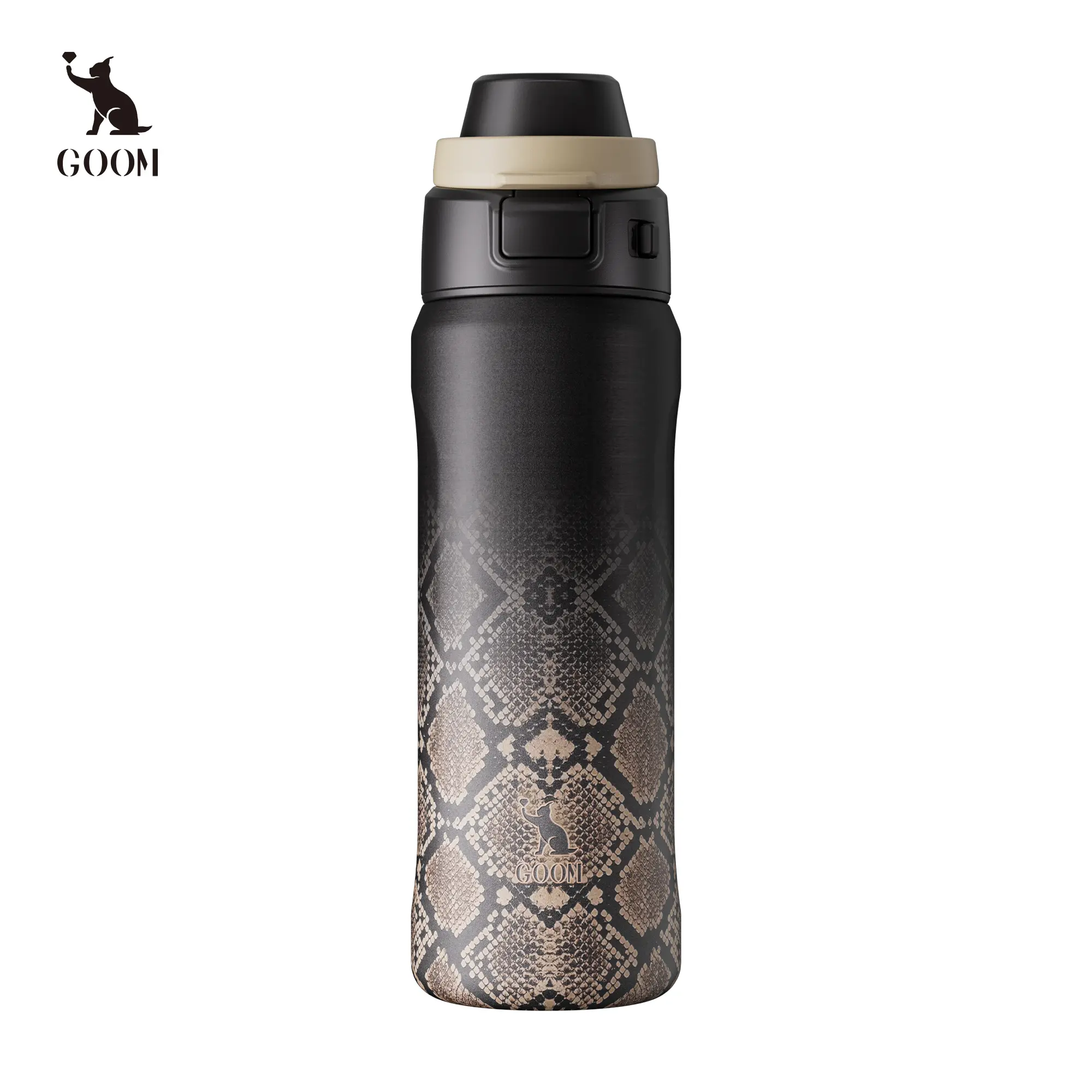 GOOM 5D Biomimetic Serpent Texture Medusa Collection 24oz Insulated Tumbler, Dual-Access Locking Lid, Leakproof Stainless Steel Water Bottle with Straw & Sip Modes, Carry Loop, Cup Holder Friendly – Black, White Serpent