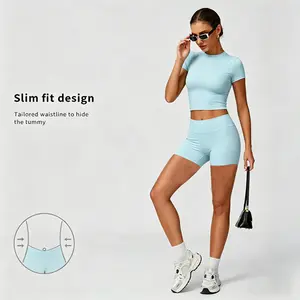 Women's 2-Piece  Yoga Set, Solid Color Quick-Dry Tight-Fit Short-Sleeve Top & Shorts, All-Season Athletic Tracksuit for Yoga, Gym, Outdoor Activities Fitness Apparel Fitted Yoga Set