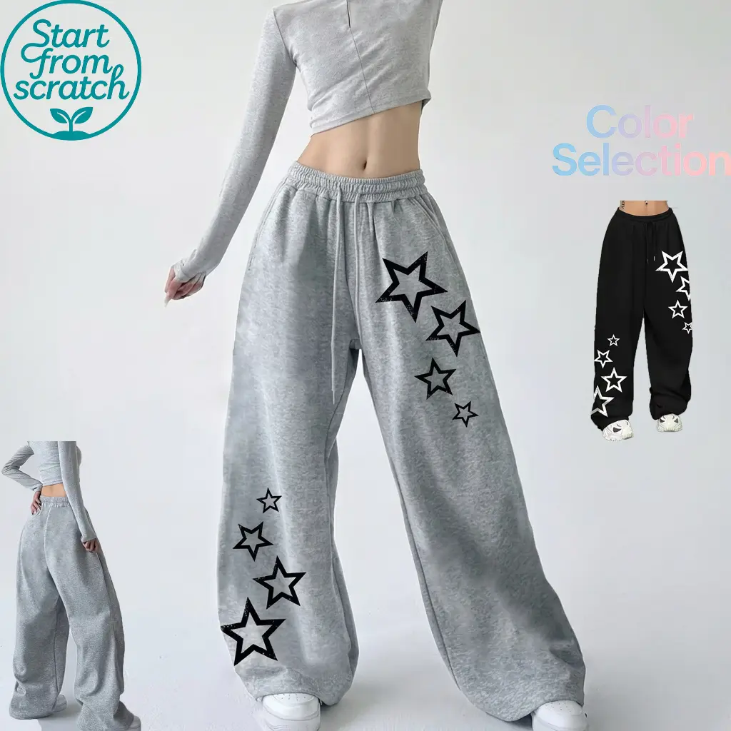 Women’s casual pants: wide-leg elastic-waist pants with side pockets; casual athletic pants with star print; suitable for everyday and formal wear; machine washable non-see-through fabric; jogging pants; comfortable clothing.