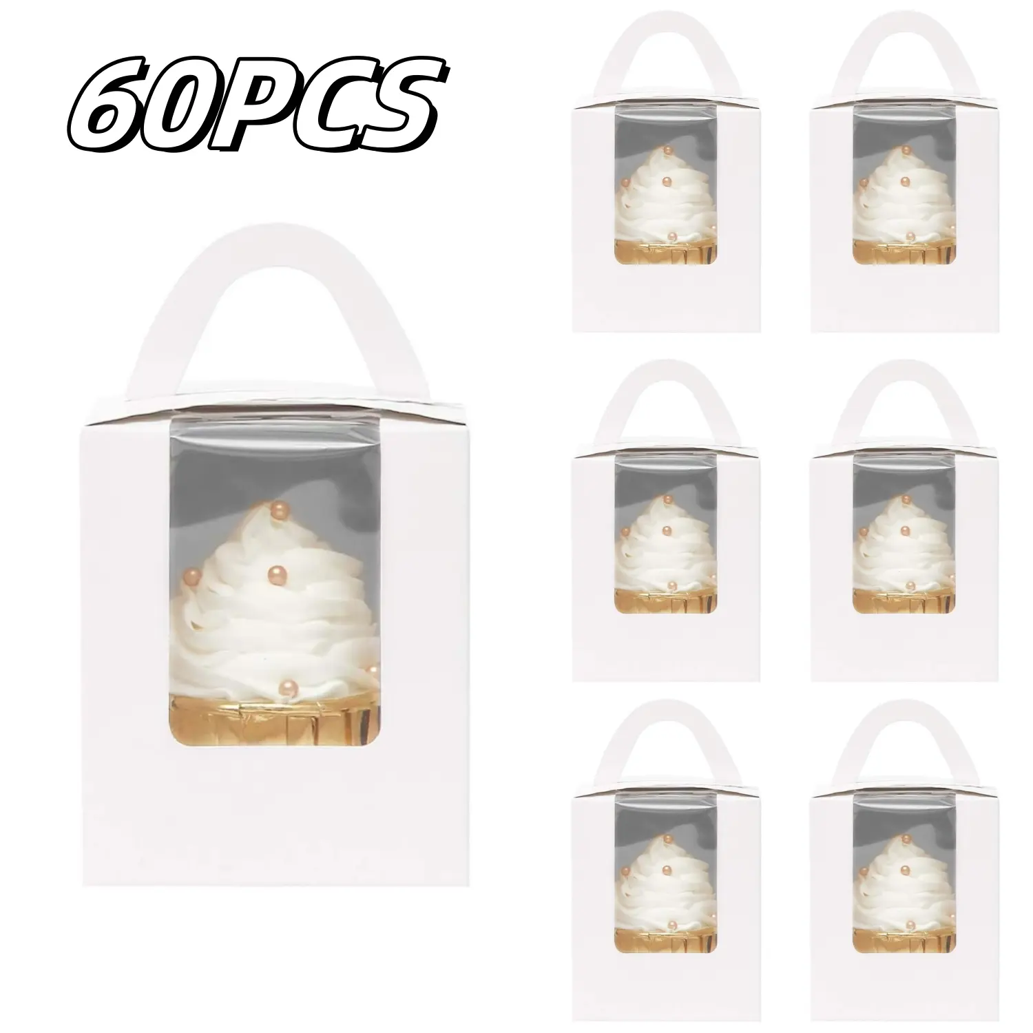 60PCS Cupcake Boxes Individual Disposable White Single Box with Window 3.6x3.6x4.3inch Cupcake Containers Holders