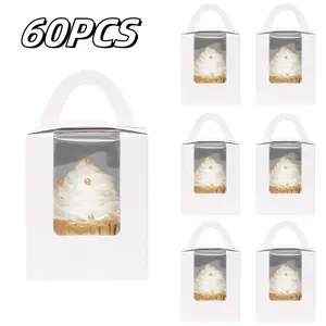 60PCS Cupcake Boxes Individual Disposable White Single Box with Window 3.6x3.6x4.3inch Cupcake Containers Holders