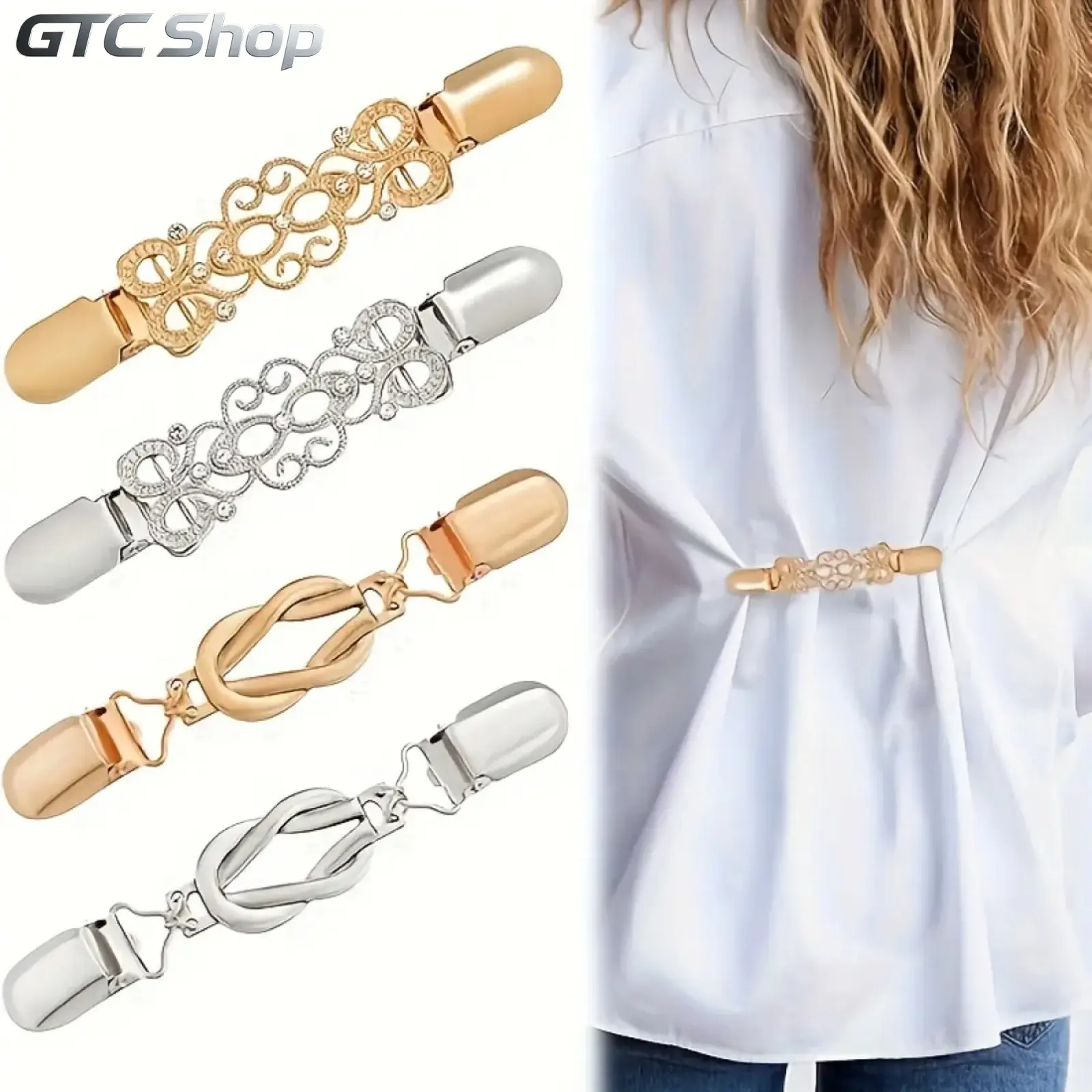 4 Pack Vintage Inspired Waist Cincher Clips for Women, Adjustable Zinc Alloy Metal Brooches, Non-slip Secure Fasteners, Durable Dress Cinchers, All-season Accessories for Dresses, Shirts, Shawls and Sweaters, Casual Styling Decor