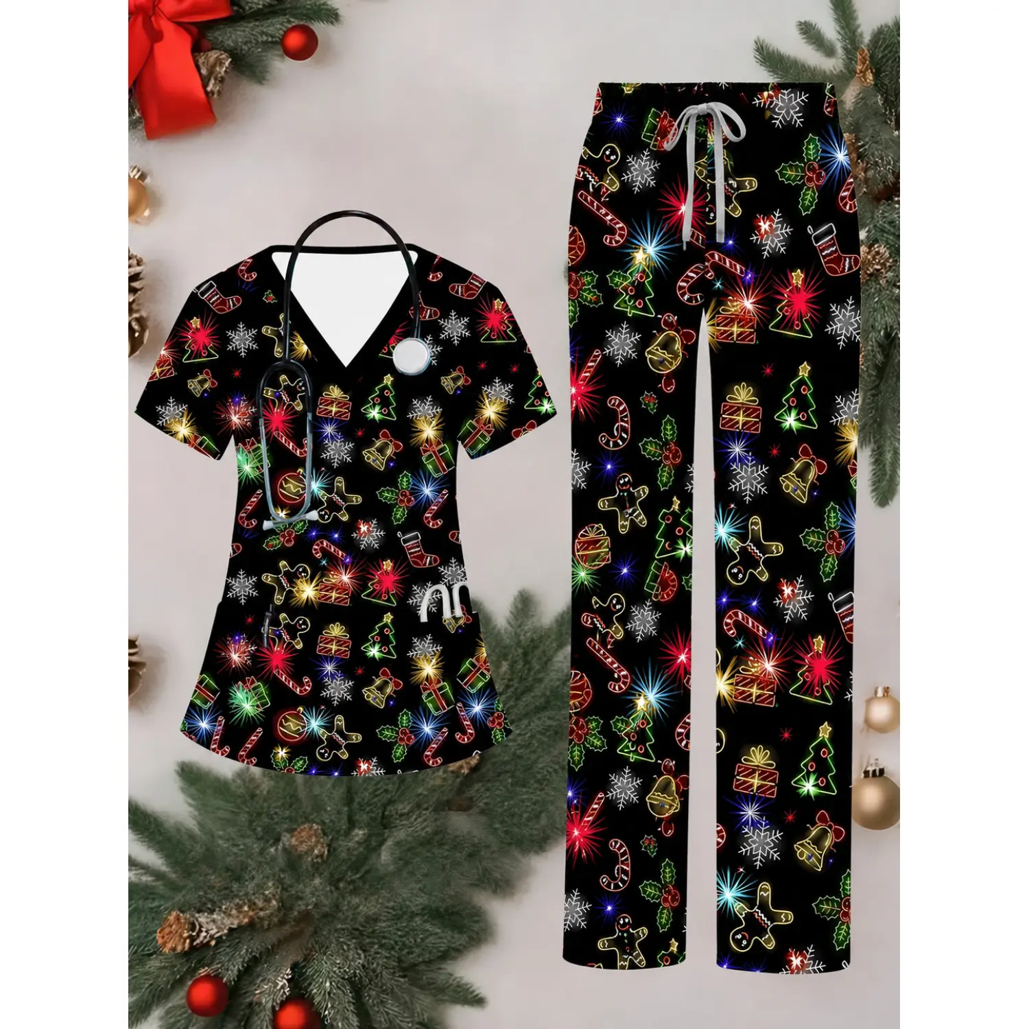 Christmas Lights Themed Nurse Scrub Set - V-Neck Top & Drawstring Pants for Healthcare Professionals