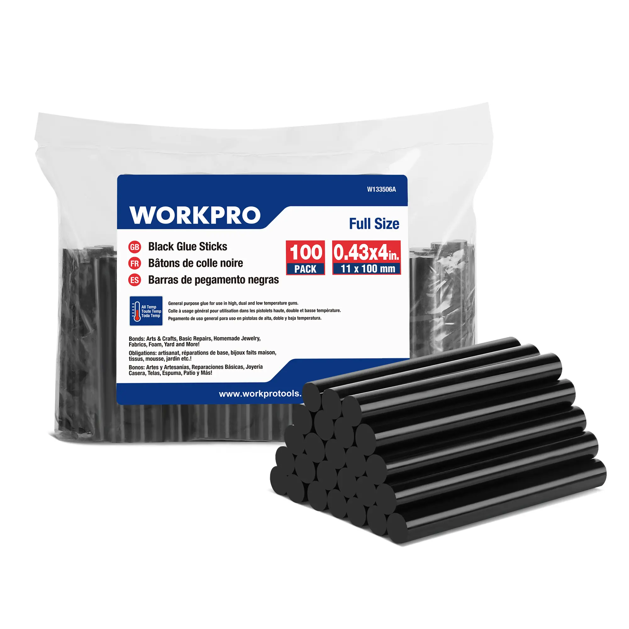 WORKPRO Black Hot Glue Sticks, Strong EVA Adhesive, All-Temp, Fast Curing, Non-Toxic Formula, Flexible Bond