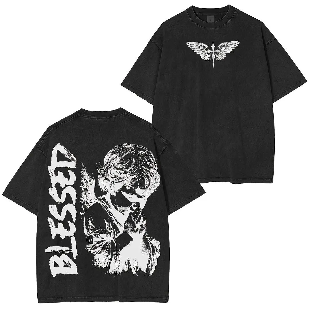 Unisex Retro Angel Graphic T-Shirt, Casual Washed Style Short-Sleeve Round Neck Tee for Men and Women, Shortsleeve, Tops, Graphic Art, All Seasons, Angel Print, Unisex Fit, Washed Look