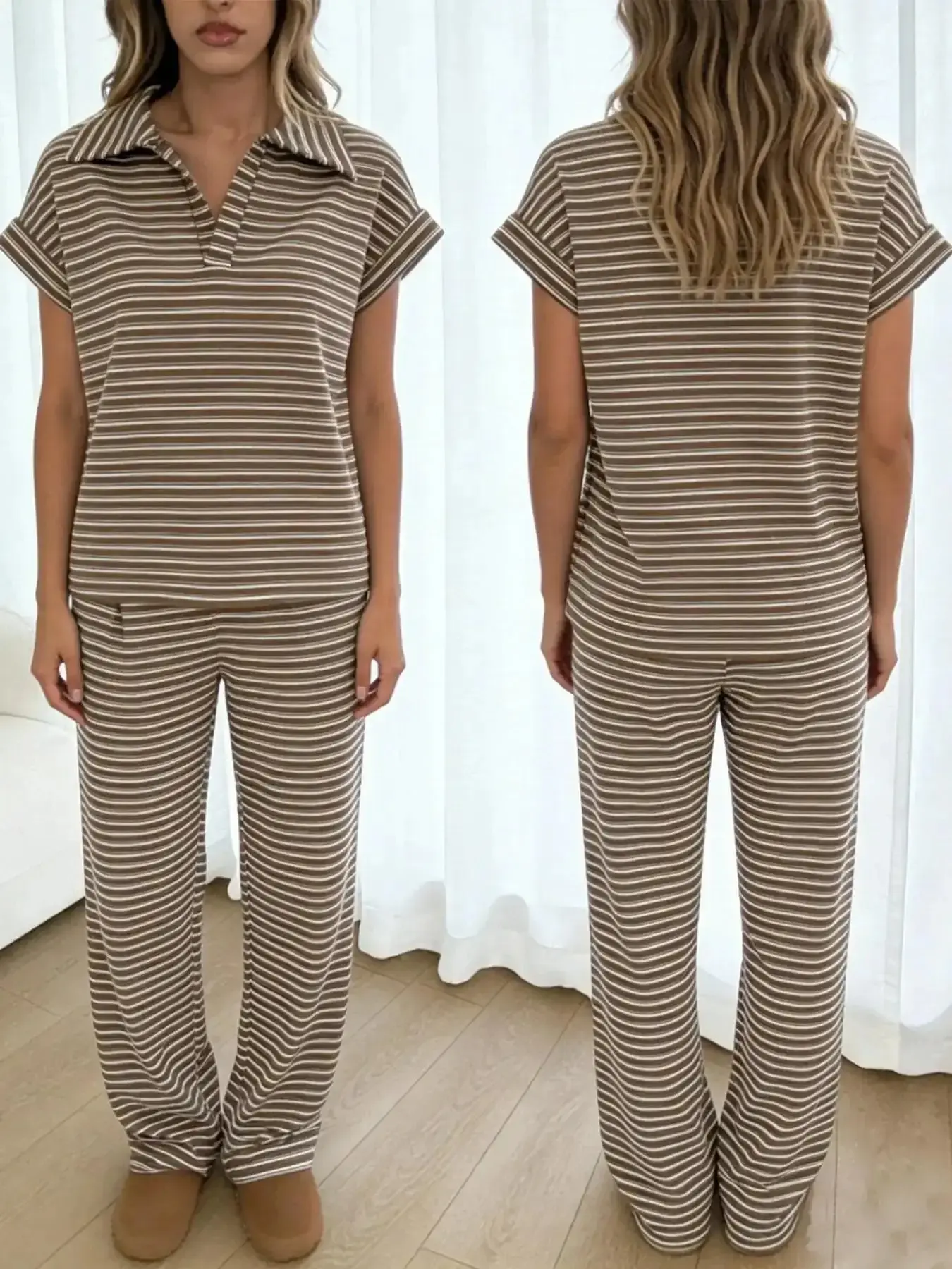 Effortless 2-Piece Striped Polo Top & Wide Leg Pants Set - Cozy Loungewear Pyjamas Pajama Nightwear for Home & Casual Outings, Women | Viral Outfit, Quiet Luxury Aesthetic, Pajamas Set, effortless layering, chic everyday