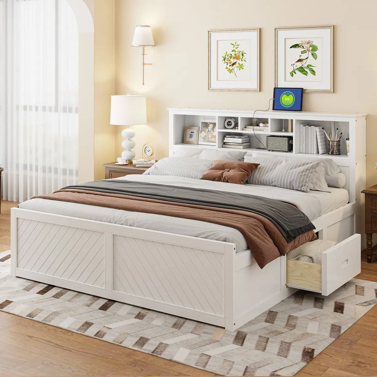[Bellemave]King Size Wood Platform Bed with Multi-storage Headboard, USB and Drawers, White