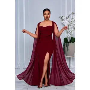 MESH LONG CAPE SLEEVE MAXI DRESS WITH SIDE SLIT (BURGUNDY)