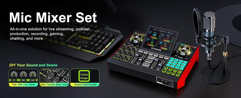 Tenlamp G10-Series Audio Mixer, Live Sound Card with XLR Microphone Connector, Professional Chipset, 48V Phantom Power Supply, One Touch Noise Reduction, One Touch Voice Change for Podcast,Recording,Vocal,Game Voice#TikTokShopBlackFriday