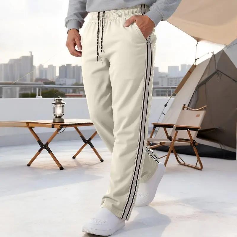 2026 Retro Side Contrast Striped Men’s Straight Casual Jogger Pants, Stretch Elastic Drawstring Waist, Dual Side Pockets, Back Patch Pocket, Lightweight Breathable, Home/Workout/Walking, Multi Colors, Versatile Loose Sport Sweatpants