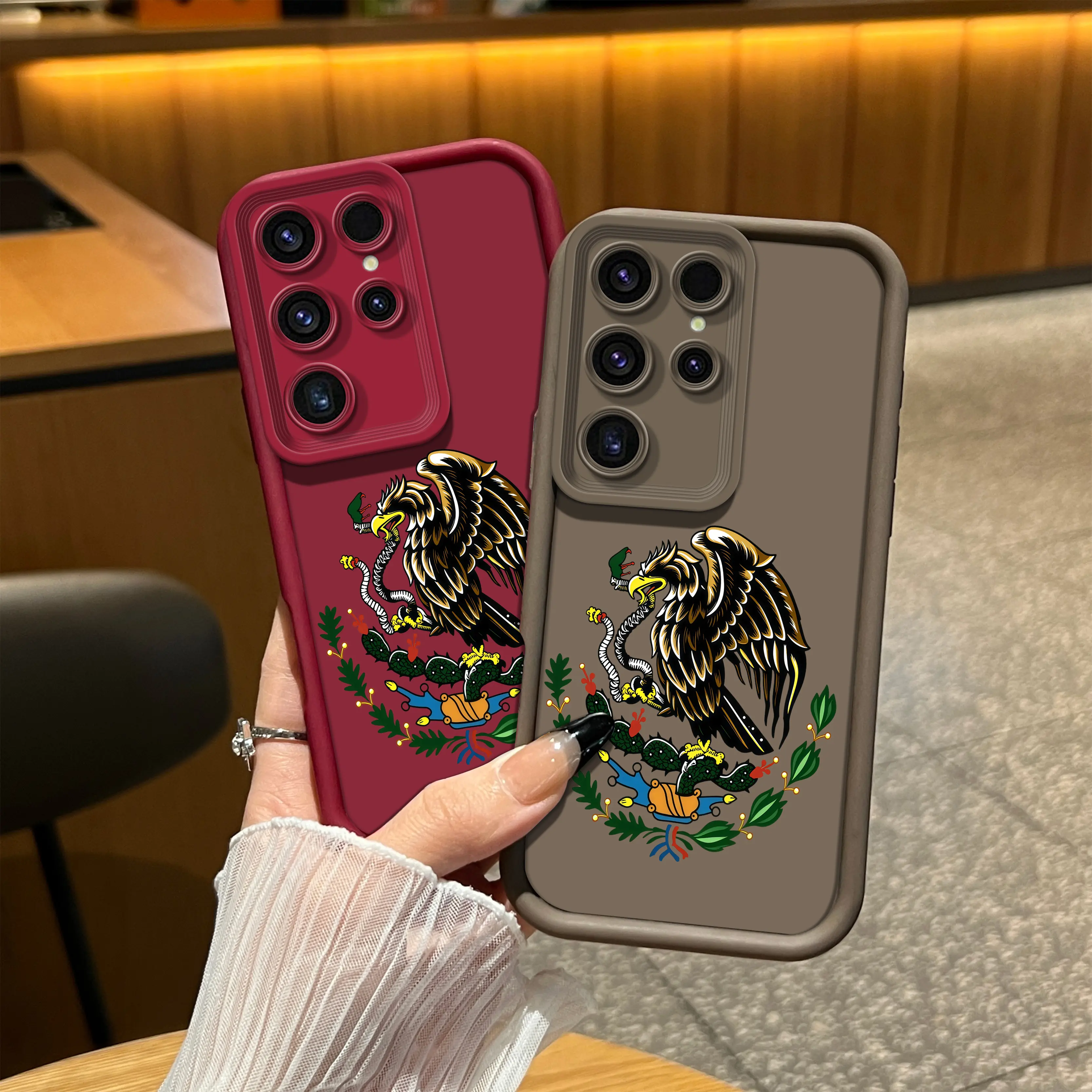 Mexican Eagle Pattern Phone Case, Vintage Cultural Crest Design Shockproof Durable Cover for iPhone 17 Pro Max, 16, 15 Plus, 14, 13, 12, 11, XR, XS & Samsung Galaxy S25, S24, S23, S22, A71, A56, A55, A54, A53, A52 NN175D