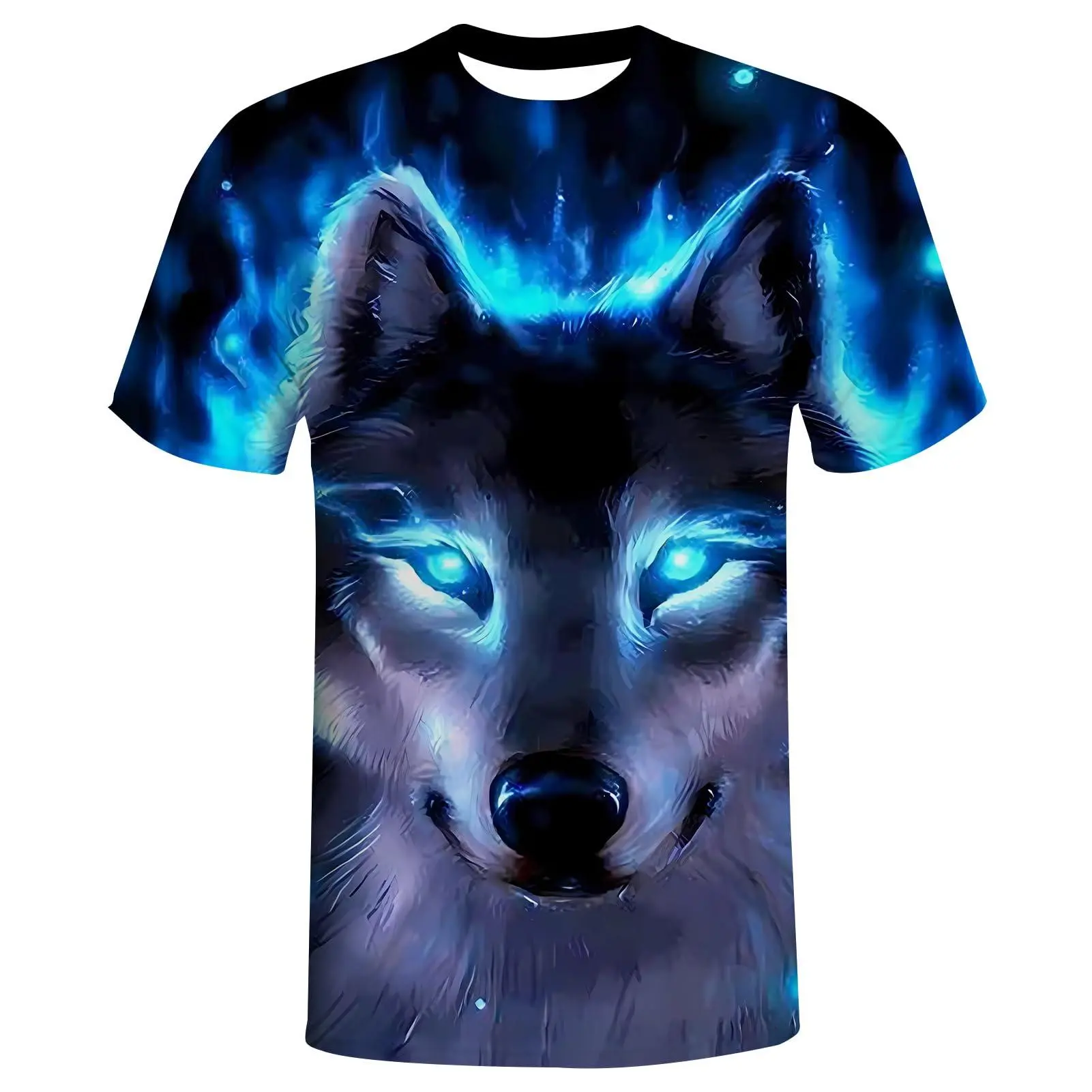 Women's Soft Round Neck Streetwear Tee - Unisex 3D Blue Flame Wolf Graphic T-Shirt with Breathable Fabric, Short Sleeve Casual Top for Festivals, Daily Wear, Shortsleeve, Print, Vivid Colors, Relaxed Cut, Complete Sizes, All Over Print