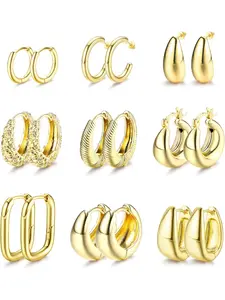 9 Pairs Small Gold Hoop Earrings for Women Girls 14K Gold Plated Earrings Chunky Gold Hoop Earrings Set Hypoallergenic Lightweight Thick Open Hoop Earrings Gold Huggies Hoop Earrings