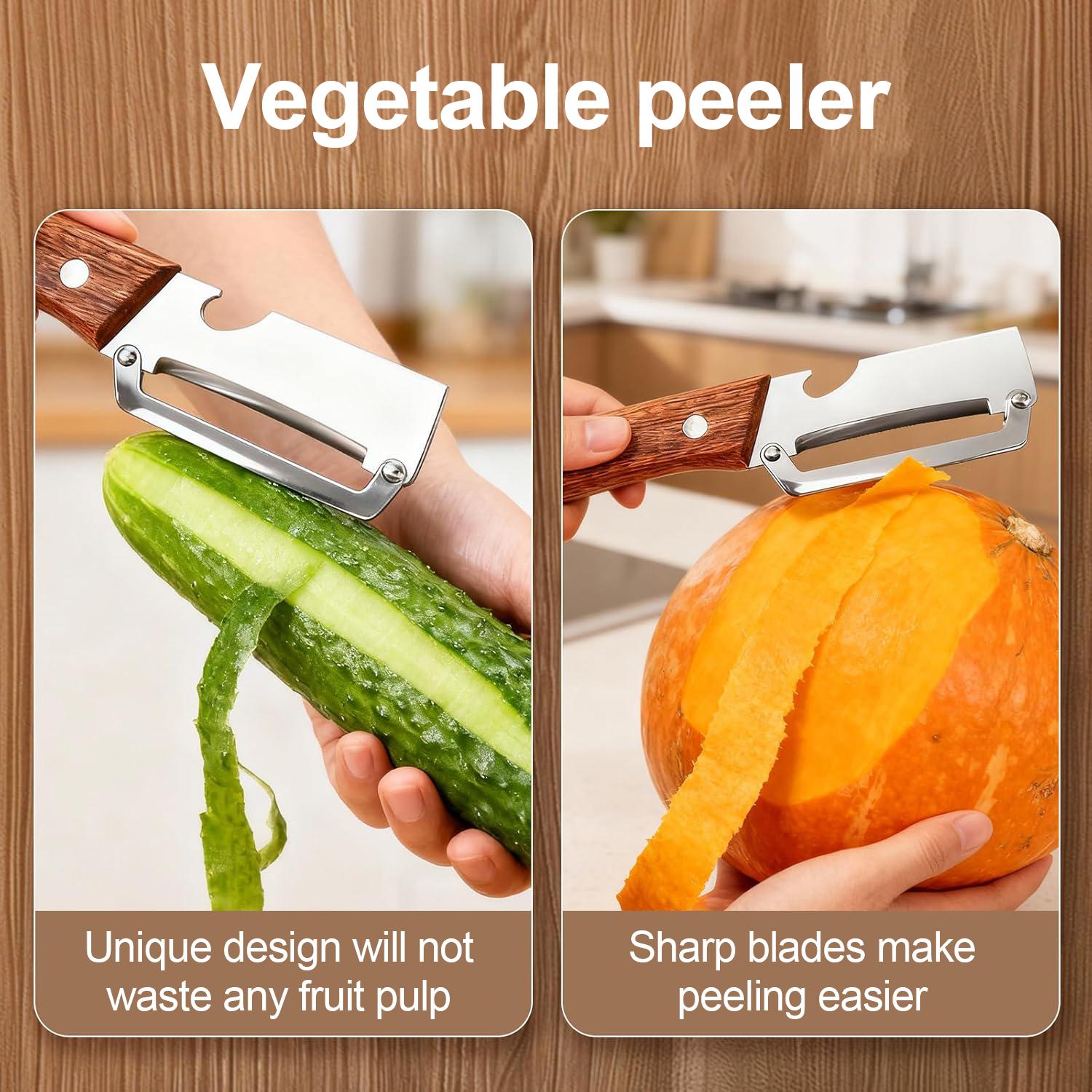 2-in-1 Peeler with Bottle Opener | Sharp Stainless Steel Fruit & Veggie Peeler, Wooden Ergonomic Non-Slip Handle