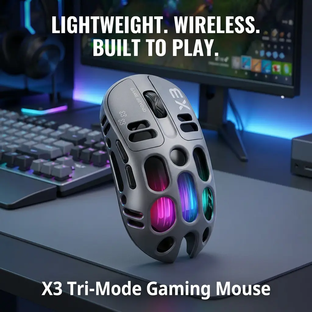 T-WOLF X3 Tri-Mode Wireless Gaming Mouse, Lightweight RGB Mouse with Bluetooth, 2.4G & Type-C, 6-Level DPI, Rechargeable Gaming Mouse