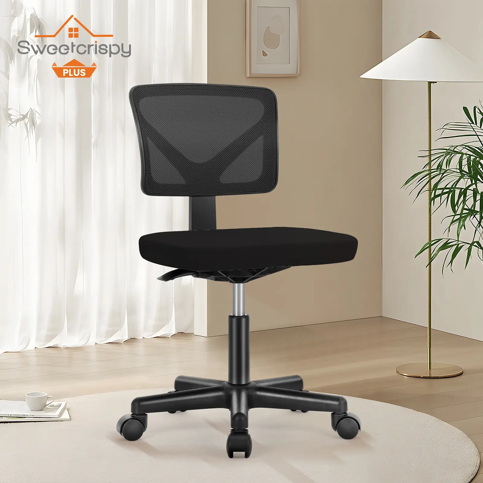 Armless Mesh Office Chair,, No Armrest Small Mid Back Executive Task Chair with Lumbar Support and Swivel Rolling