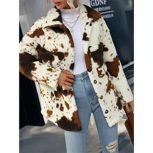 Coolmee Women's Long Sleeve Casual Zip Collar Cow Print Fleece Jacket Tops Brown L