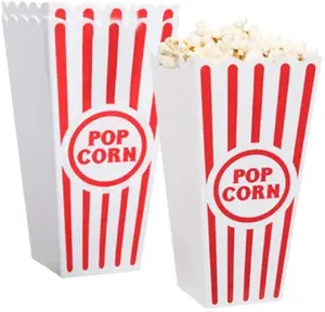 Novelty Place Plastic Red White Striped Popcorn Containers - 3.8 Inch Square x 7.8 Inch Tall (4 Pack) - Durable Reusable Plastic for Movie Night and More