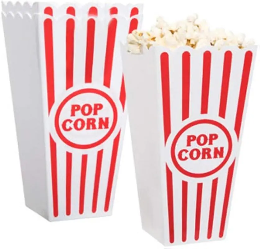 Novelty Place Plastic Red White Striped Popcorn Containers - 3.8 Inch Square x 7.8 Inch Tall (4 Pack) - Durable Reusable Plastic for Movie Night and More