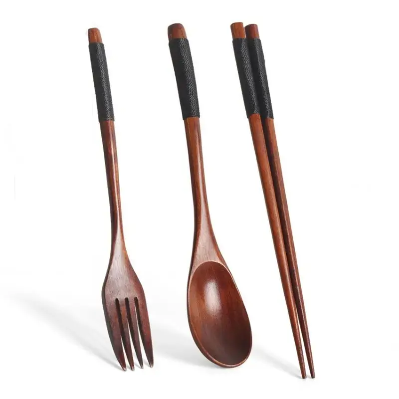 18 Pcs Wooden Tableware Set with Spoons Chopsticks & Forks Handmade Kitchen Utensils for Festive Gatherings & Everyday Use Ideal for Christmas Eve Dinners and Lunch Packing Accessories - Cutlery