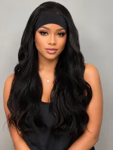 Black Headband Wig, Big Wave Headband Wig, Glueless Long Curly Hair, Beginner Friendly, Heat-resistant Synthetic Fiber, Natural Look, Daily Wear Women Wig, 24 Inch, Premium Synthetic Wigs