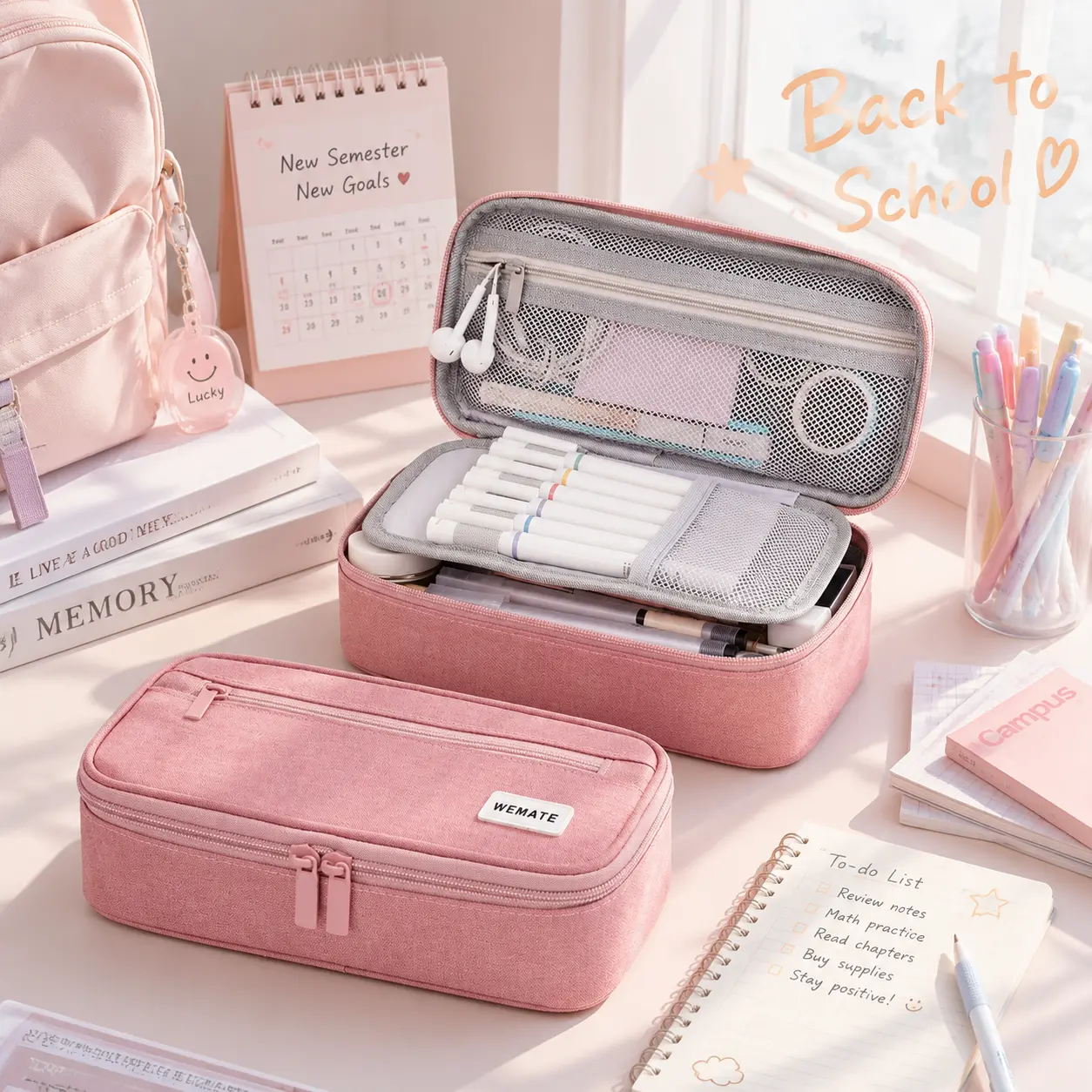 Back to Schoool WEMATE Large Pencil Case, Pencil Pouch with Zipper Compartments, Aesthetic Pencil Case for Adults, Stationery Pouch Pen Case for Office