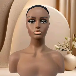 Realistic Mannequin Doll Head with Shoulders for High Quality Wig Stands -Brown skin Perfect for Styling