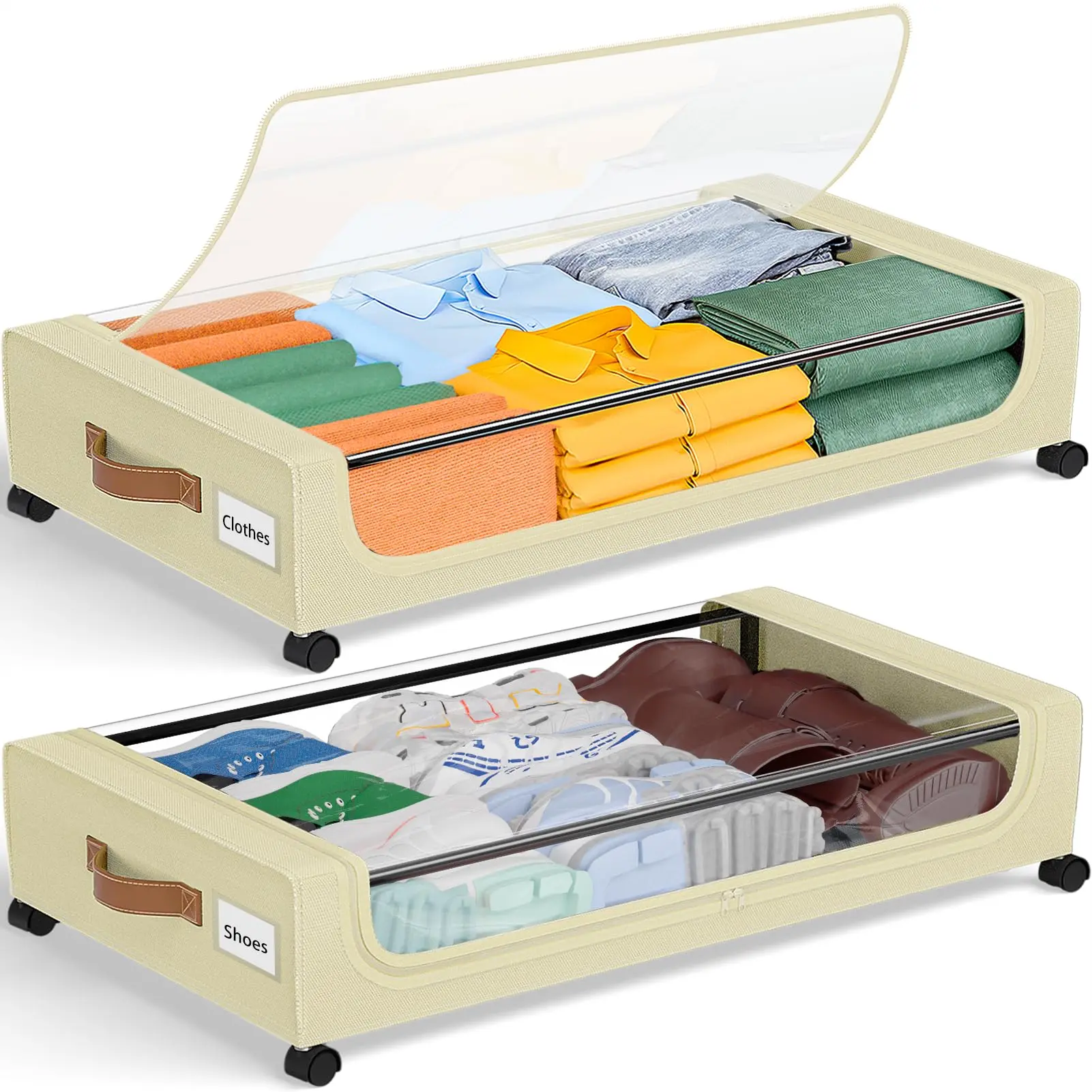 GoMaihe Under Bed Storage with Wheels 48L Beige 2-Pack | Underbed Storage Containers with Lids Rolling Bins for Shoes Clothes in Dorm Bedroom - Metal Drawers Easy Pull-out