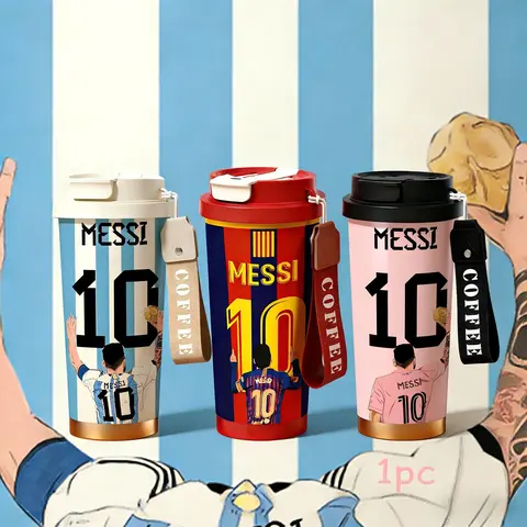 Auracup 18 oz Soccer Vacuum Leakproof Tumbler, Messi 10 Design Double-Wall Stainless Steel Insulated Mug with Lid and Strap, Leak-Proof Portable Thermal Cup for Hot and Cold Drinks, Football Fan Coffee Travel Mug