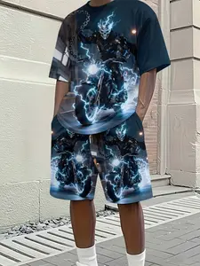 Men's 3D Digital Print Casual Short Sleeve Top & Shorts Set, Cool Neon Light Effect, Summer New Knight Totem Print, Outdoor Wear Outfit