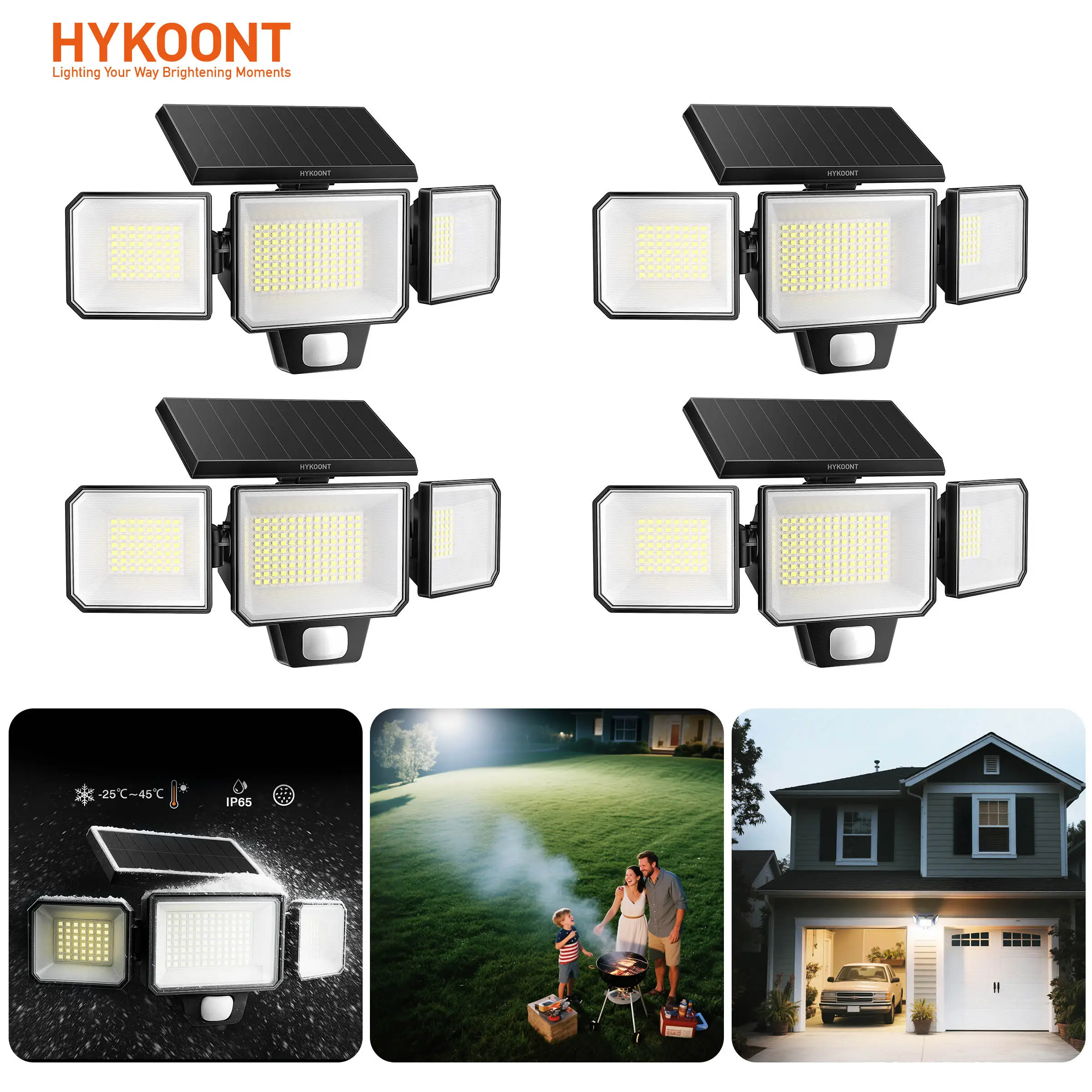 Hykoont AMS193 Motion Sensor Outdoor 3 Head 300W 3000LM Solar Wall Light, IP65 Waterproof Outdoor Security Solar Light with Replaceable Battery, Remot