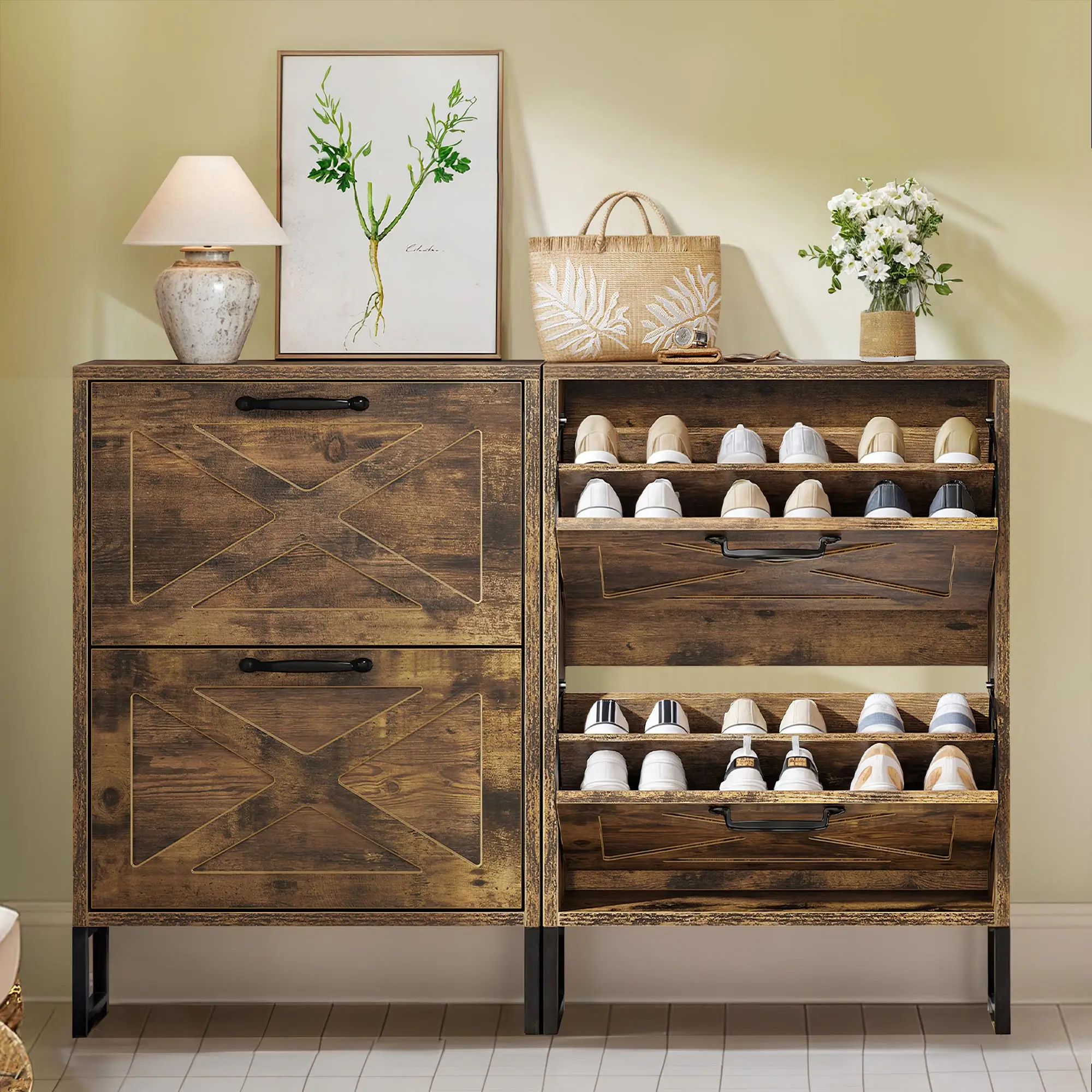 Yitahome Shoe Storage Cabinet with 2 Flip Drawers, Farmhouse Wood Shoe Cabinet, Freestanding Narrow Shoe Rack Organizer with Metal Legs for Entryway,