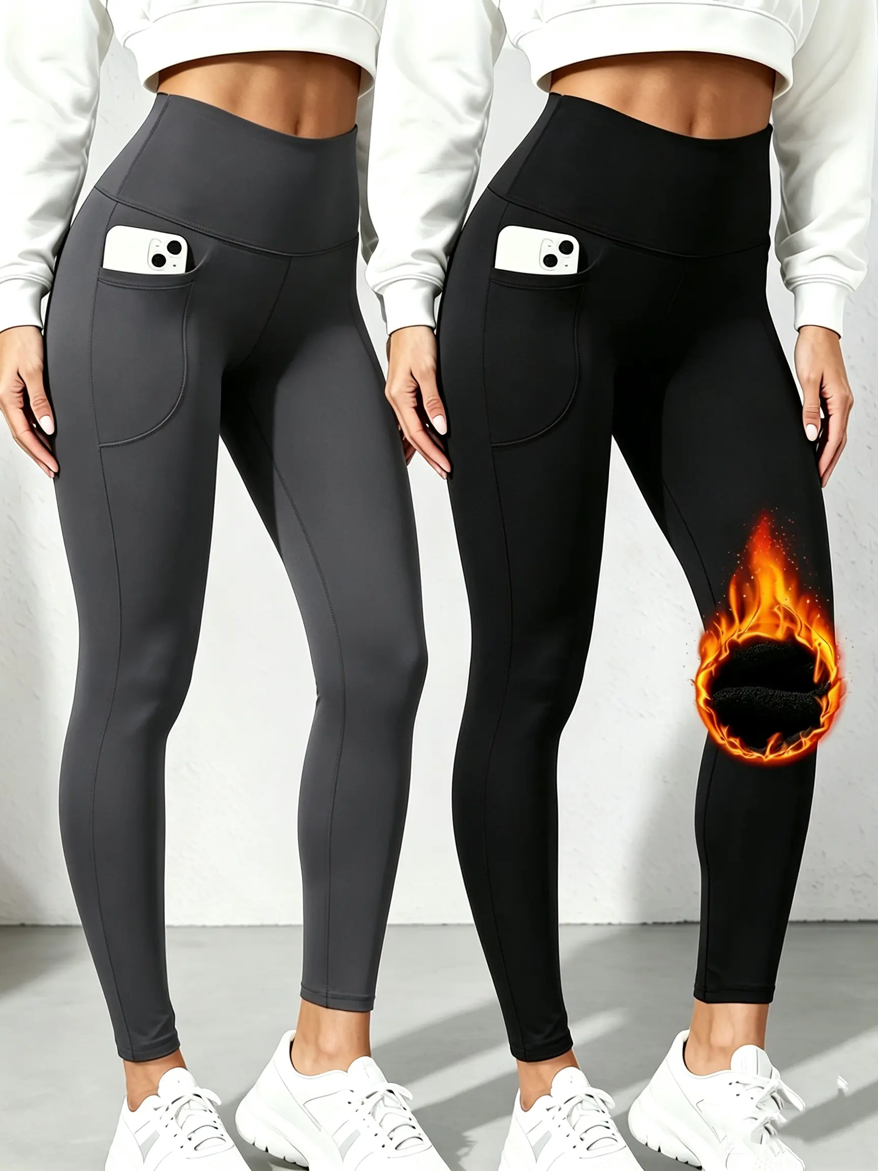 Women's 2-Pack High Waisted Fleece Lined Leggings - Thermal, Non-See-Through, Thick, Soft, High Stretch Polyester Clothes with Pockets, Warmth, Sportswear for Yoga, Running, Workout