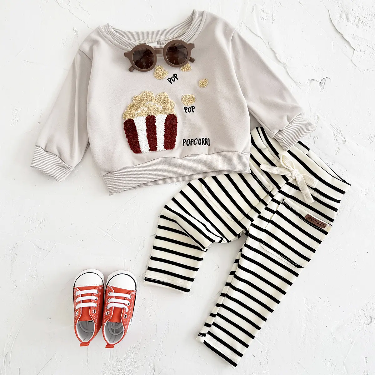 Unisex Baby 2-Piece Outfit Set, Casual Colorblock Sweatshirt with Popcorn Patches & Striped Toddler Pants for Spring Autumn, Two-Pieces