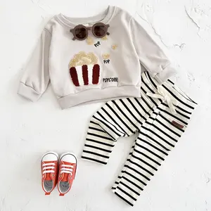 2Pcs/Set Spring Autumn Baby Clothes Cute Popcorn Patchwork Round Neck Sweatshirt & Black White Striped Long Pants Infant Outfits