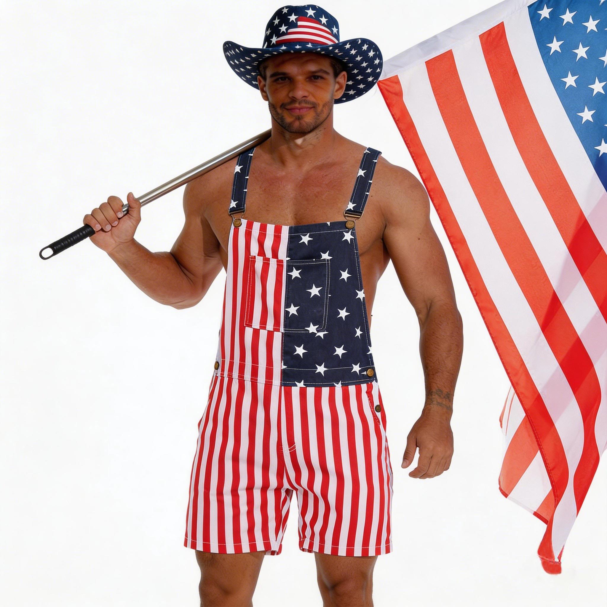 4th of July Men's American Flag Denim Overall Shorts 250th Anniversary of America Independence Day Patriotic Style Outdoor Fashion Menswear Father's Festival Dad Gifts Guys Love Top Spring Statements