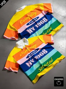 1PC Vintage NY 1968 Cropped Polo Shirt, Colorful Stripes with Motivational Slogan Print, Retro Y2K Streetwear, for Men and Women in Casual Daily Outfits