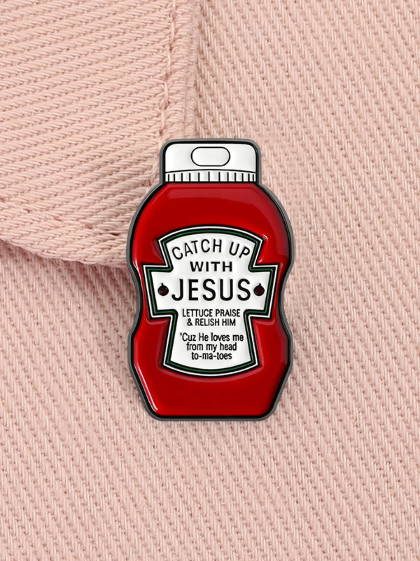 Catch Up With Jesus Ketchup Enamel Pin Religious Cross Pins Funny Humor Christian Faith Based Let us Praise Him Pun Alloy Brooch Men Accessories Lapel Backpack Badge Fashion Jewelry Accessories Gift for Friends Clip In Broched Pins