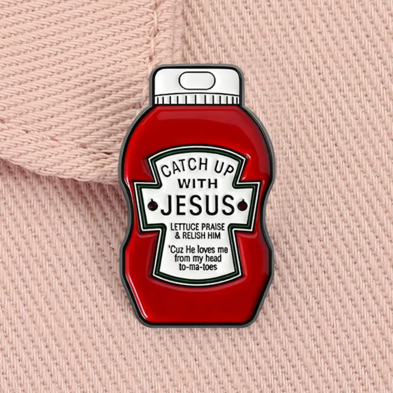 Catch Up With Jesus Ketchup Enamel Pin Religious Cross Pins Funny Humor Christian Faith Based Let us Praise Him Pun Alloy Brooch Men Accessories Lapel Backpack Badge Fashion Jewelry Accessories Gift for Friends Clip In Broched Pins